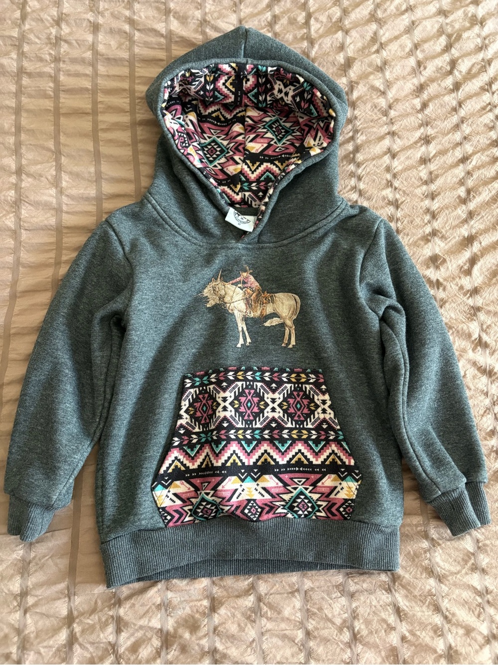 Cowkid Clothing co, toddler girls Gray Hooded Sweatshirt with Aztec Print Pocket